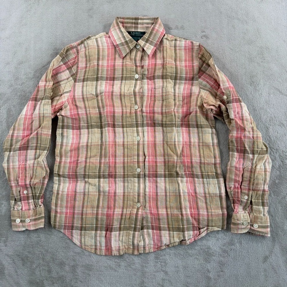 Lauren Ralph Lauren 100% Linen Beige Pink Brown Plaid Shirt Women Small NWOT